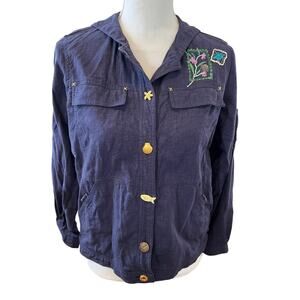 Natalie & Me Linen Blend Embroidered Artsy Sailor collar Jacket Blue